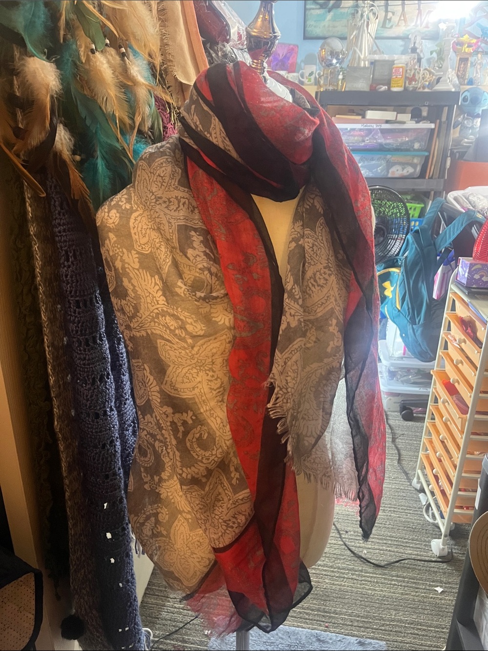 Lightweight Sheer Paisley Shawl Scarf - Red, Black, Gray S193